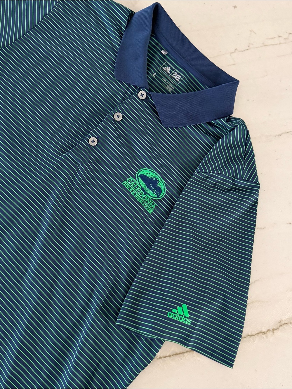 Adidas Polo Shirt Mens L Green Black Striped Caledonia Golf & Fish Club